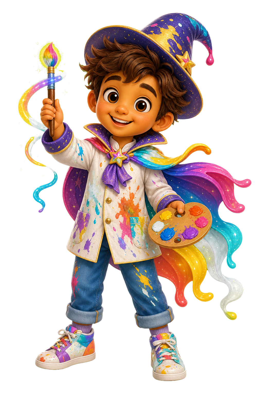 A colorful paint wizard from the Rainbow Art Studio invitation theme