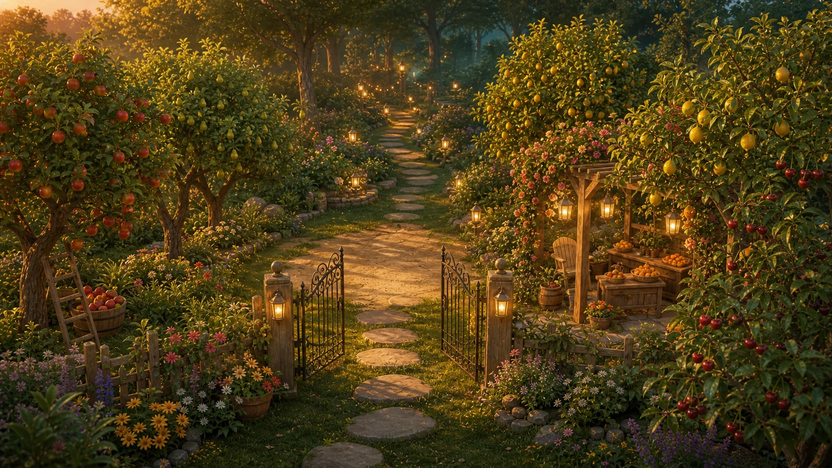 A warm orchard path opening into a softly lit garden